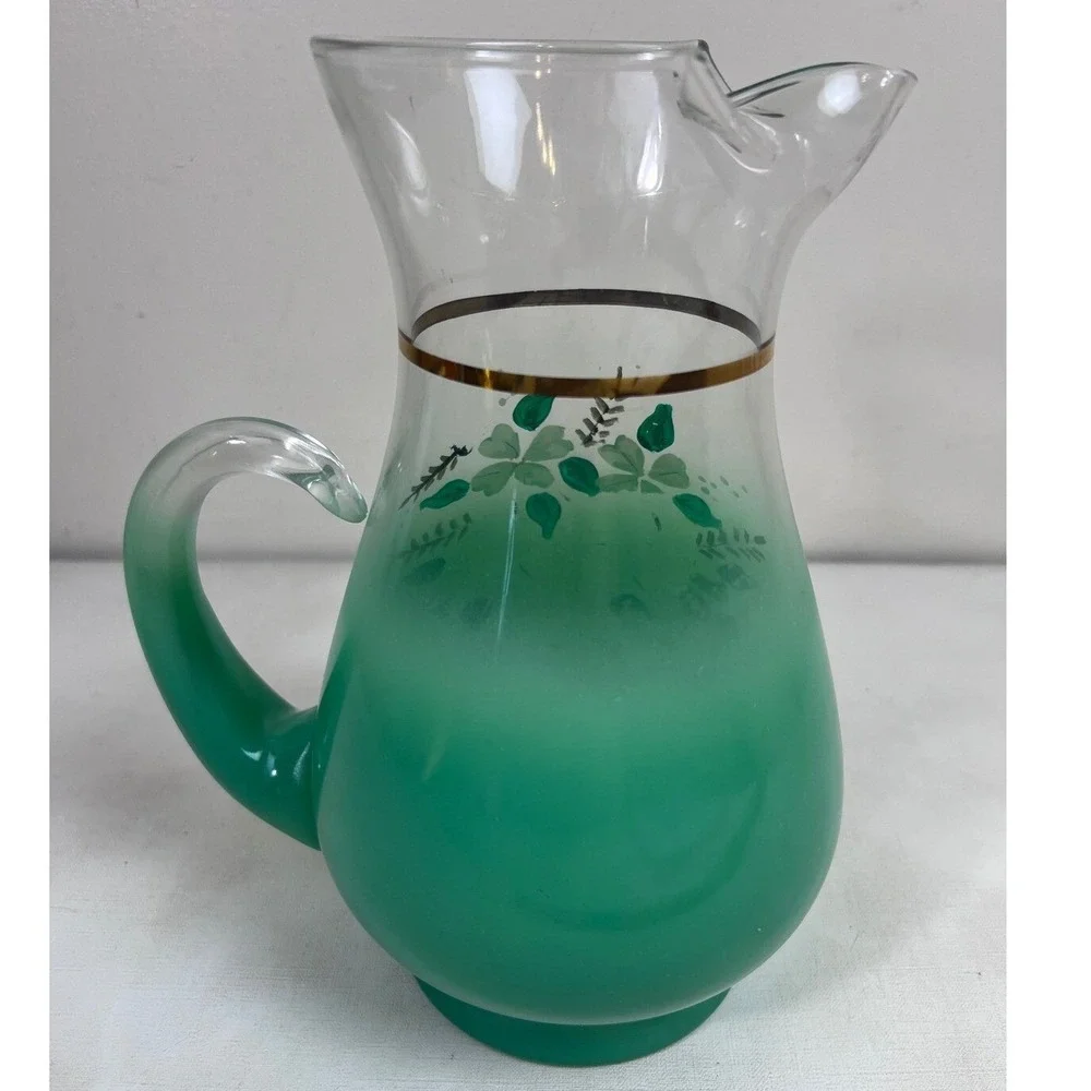 Vintage Floral Pitcher Green Ombre Glass Gold Trim Blendo?‎ West Virginia?